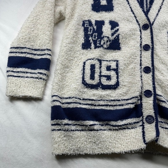 B Duck Teens Fuzzy Cardigan Sweater Cream Blue Varsity Y2K Graphic Size Medium - Picture 2 of 16